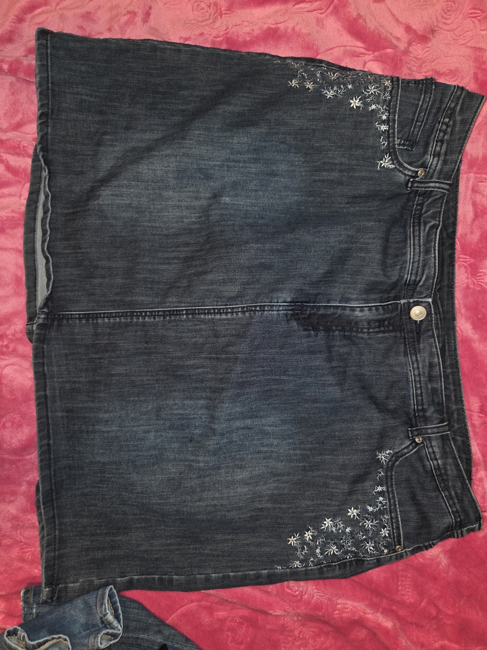 CJ Banks Dark Blue Denim Skirt with White Floral Embroidery